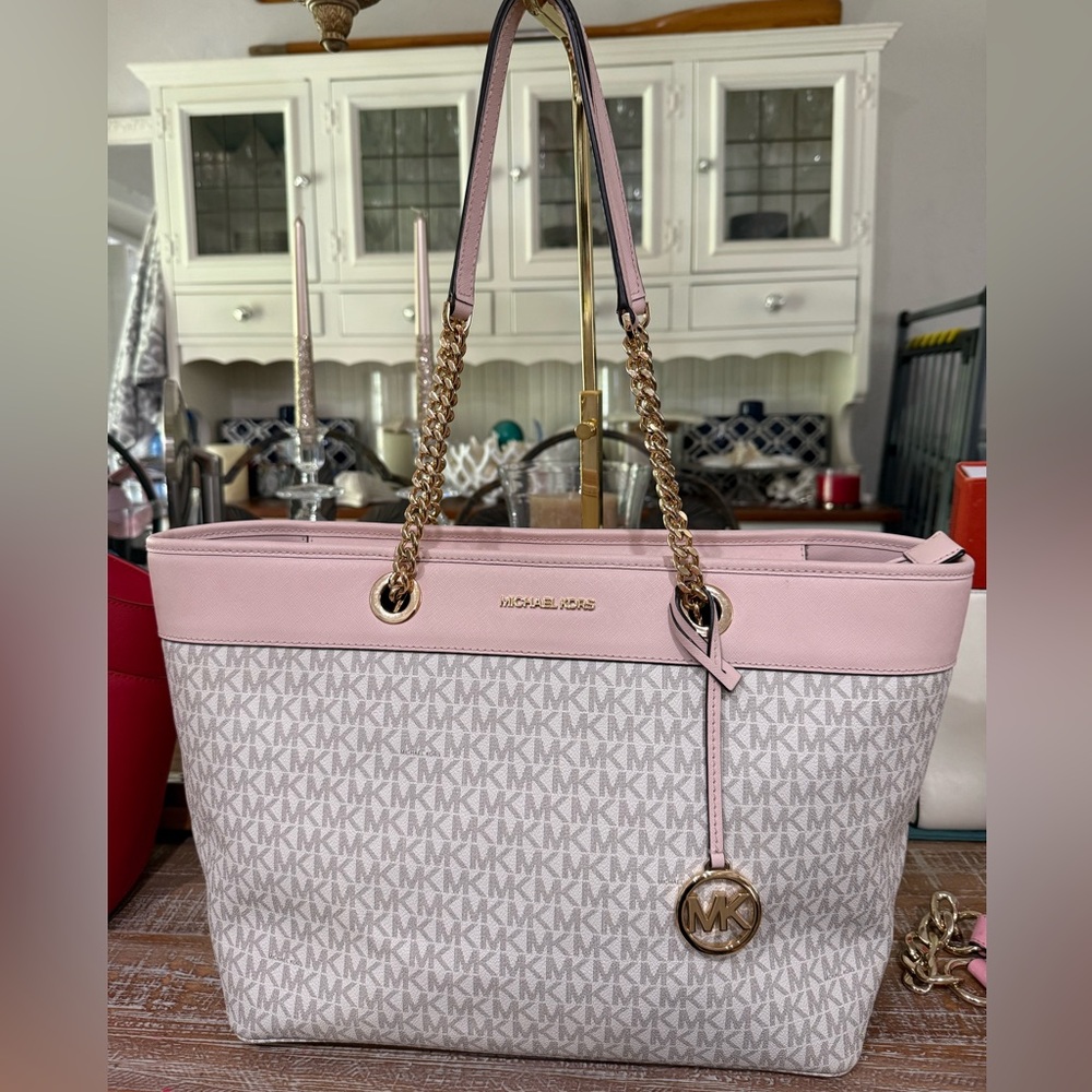 Michael Kors Blush and White Signature Large Tote Bag, Chain Accent Straps.